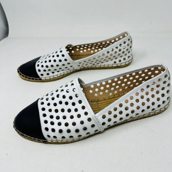 Loeffler Randall Leather Perforated Slip On Espadrille White Black Cap Toe - 9B - Picture 3 of 7